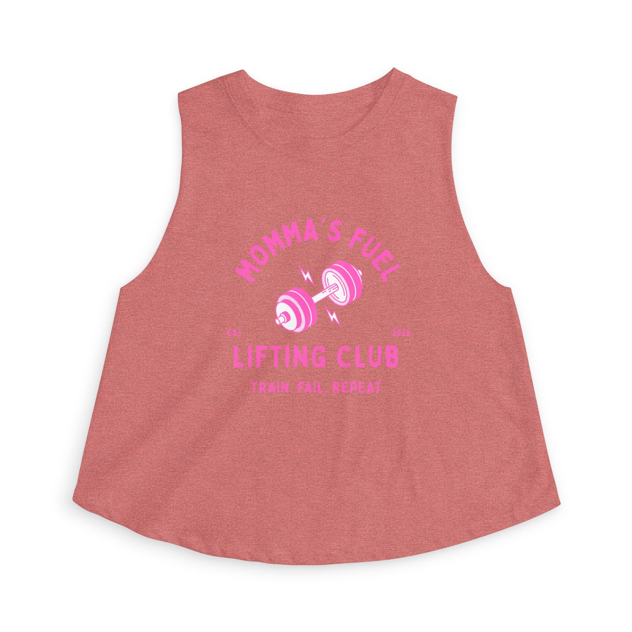 Momma's Fuel Lifting Club Crop Top — Women's Fitness Tank, "Train. Fail. Repeat."
