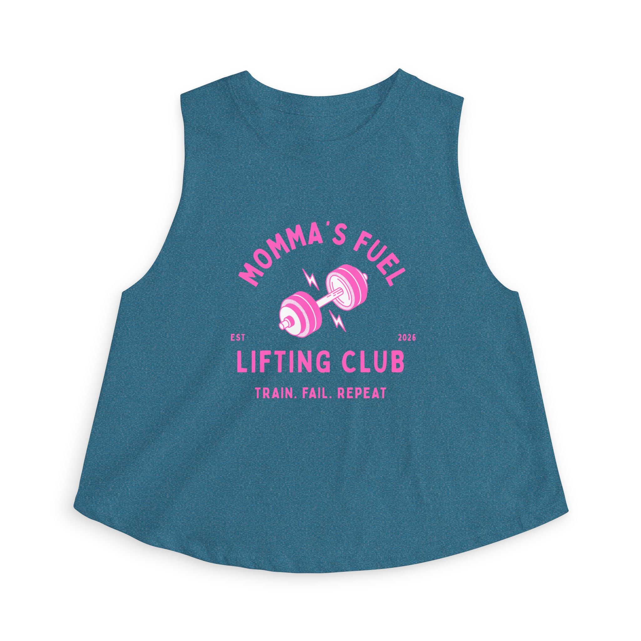 Momma's Fuel Lifting Club Crop Top — Women's Fitness Tank, "Train. Fail. Repeat."