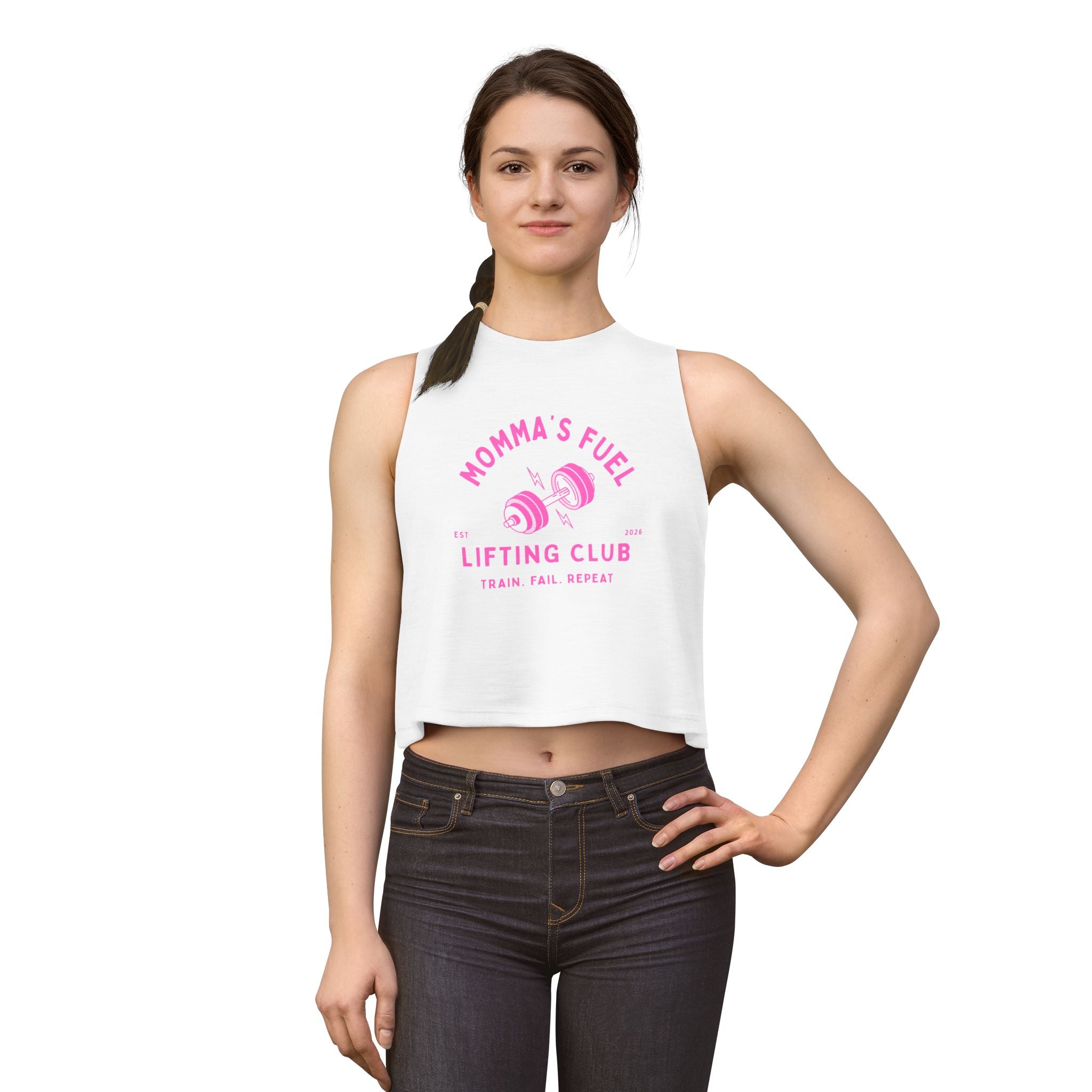 Momma's Fuel Lifting Club Crop Top — Women's Fitness Tank, "Train. Fail. Repeat."