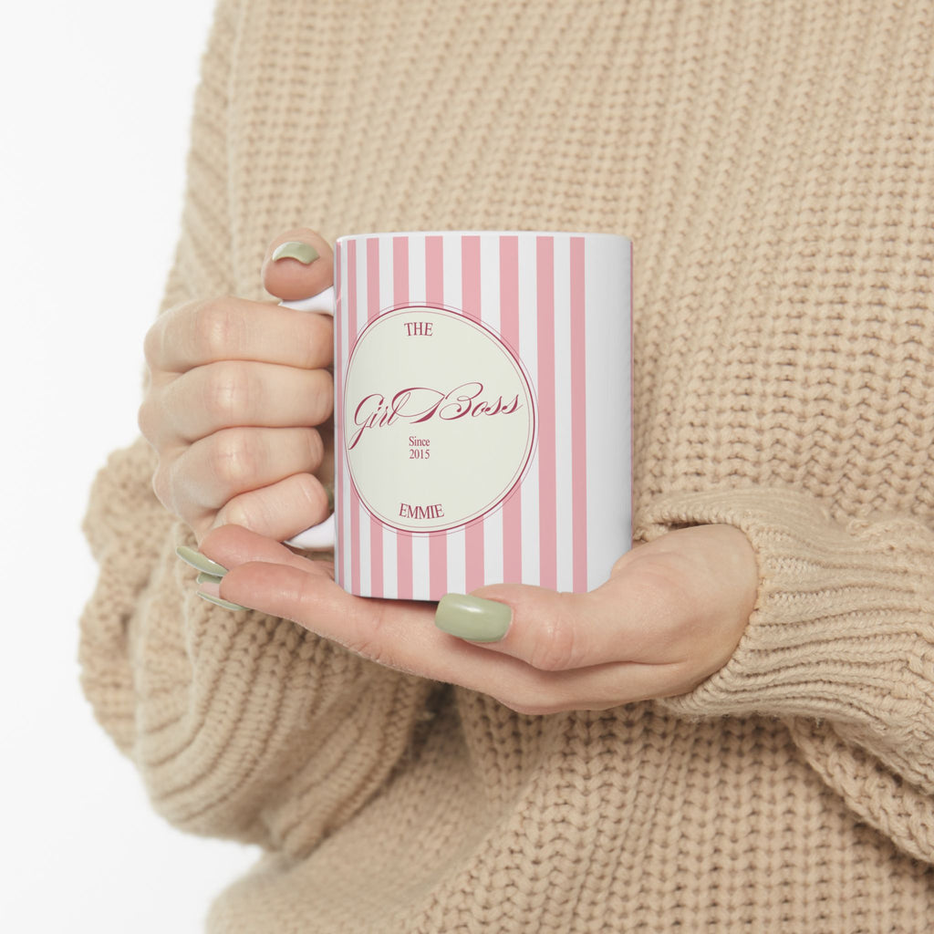 Customized Girl Boss Pink Striped Ceramic Mug  (11oz, 15oz)