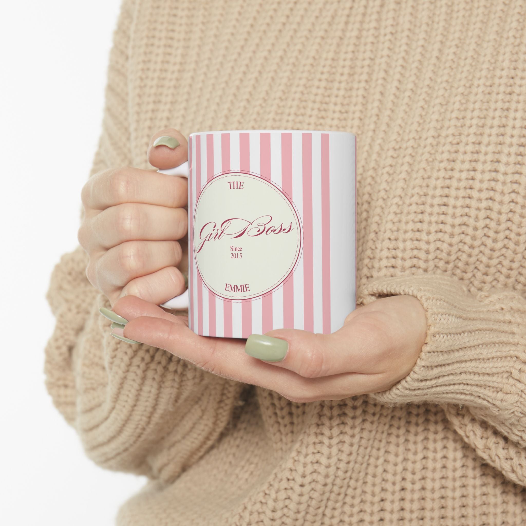 Customized Girl Boss Pink Striped Ceramic Mug  (11oz, 15oz)