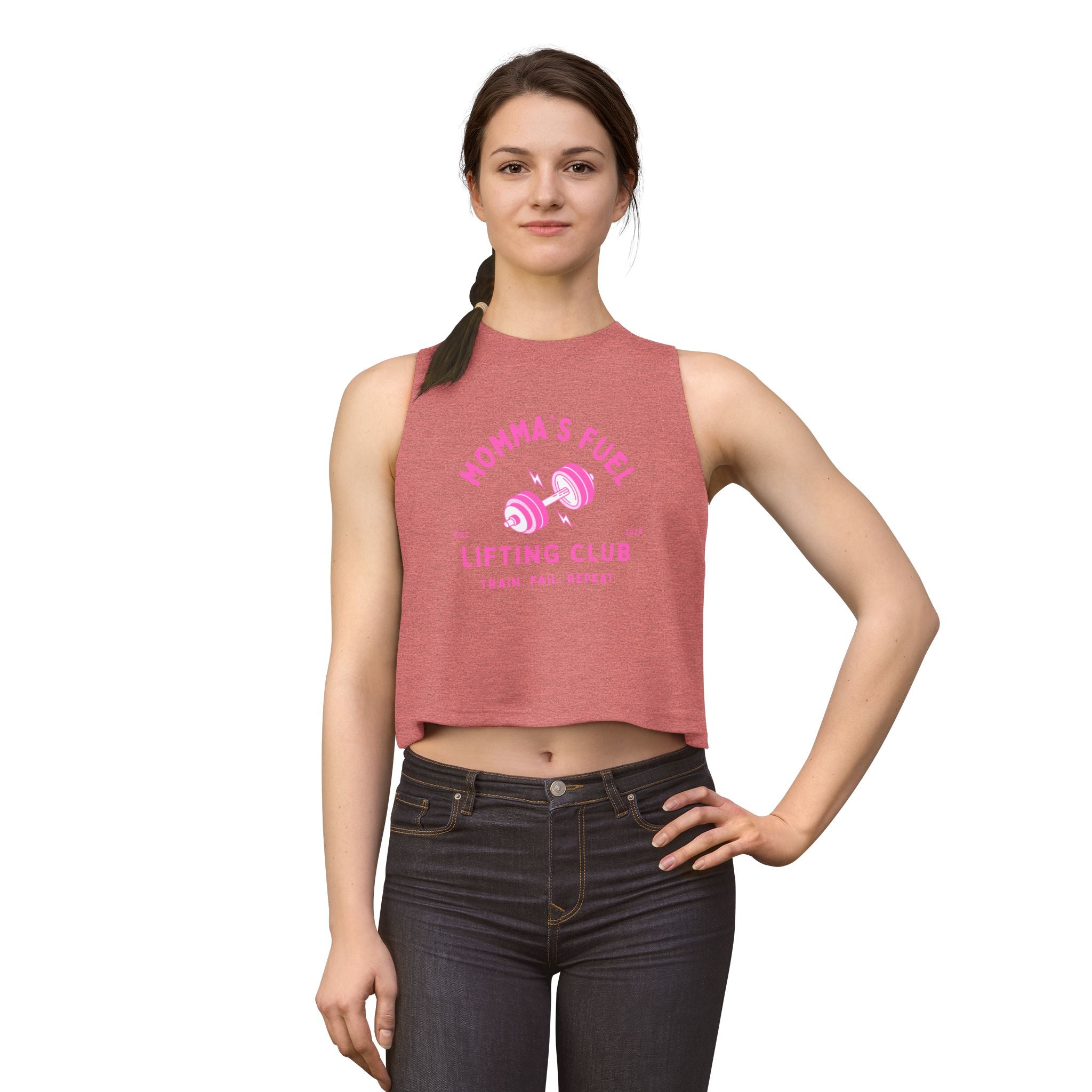 Momma's Fuel Lifting Club Crop Top — Women's Fitness Tank, "Train. Fail. Repeat."