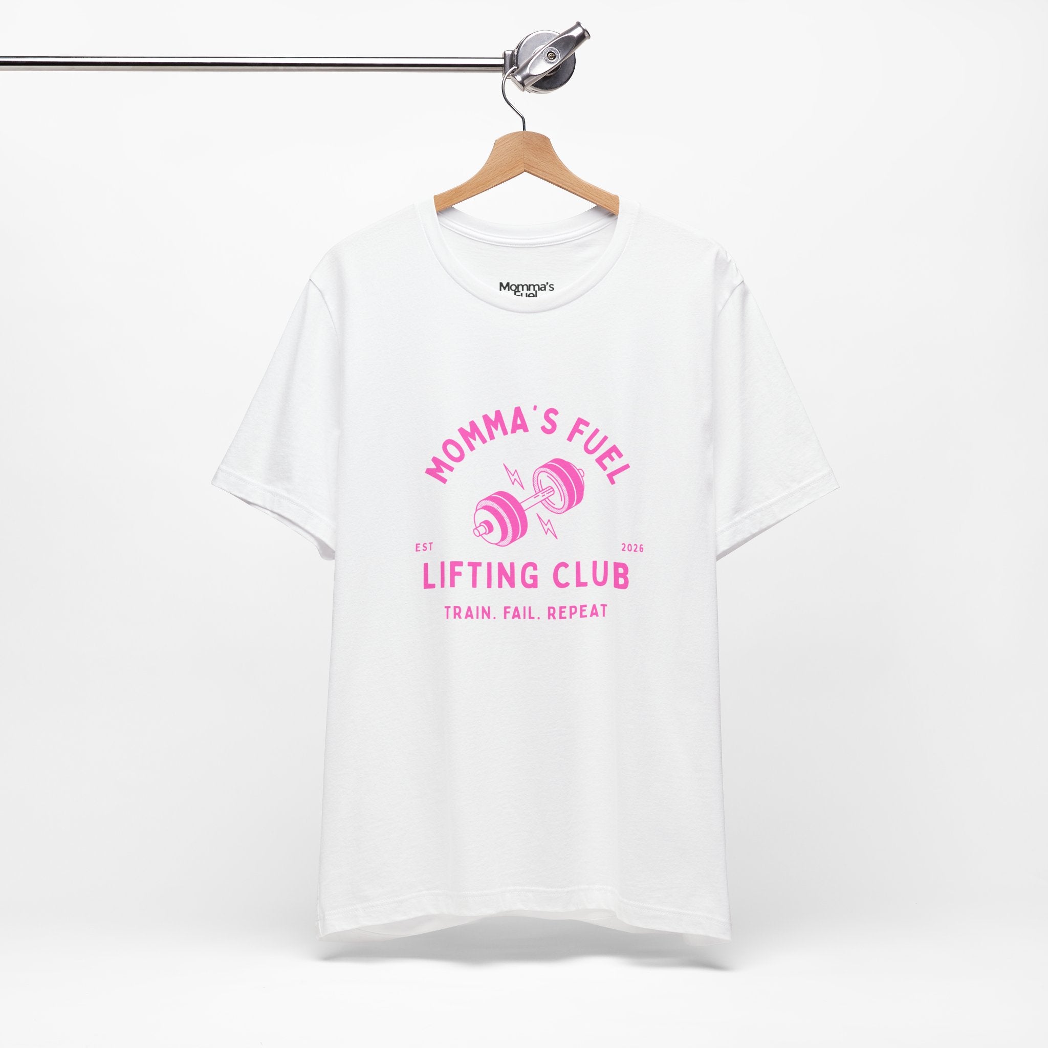 Momma's Fuel Lifting Club T-Shirt — Pink Weightlifting Mom Fitness Tee