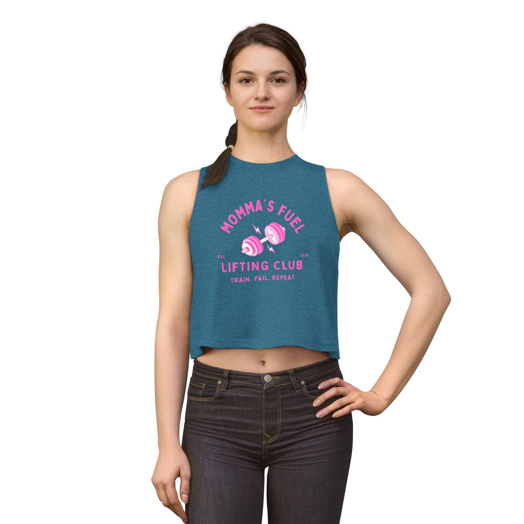 Momma's Fuel Lifting Club Crop Top — Women's Fitness Tank, "Train. Fail. Repeat."