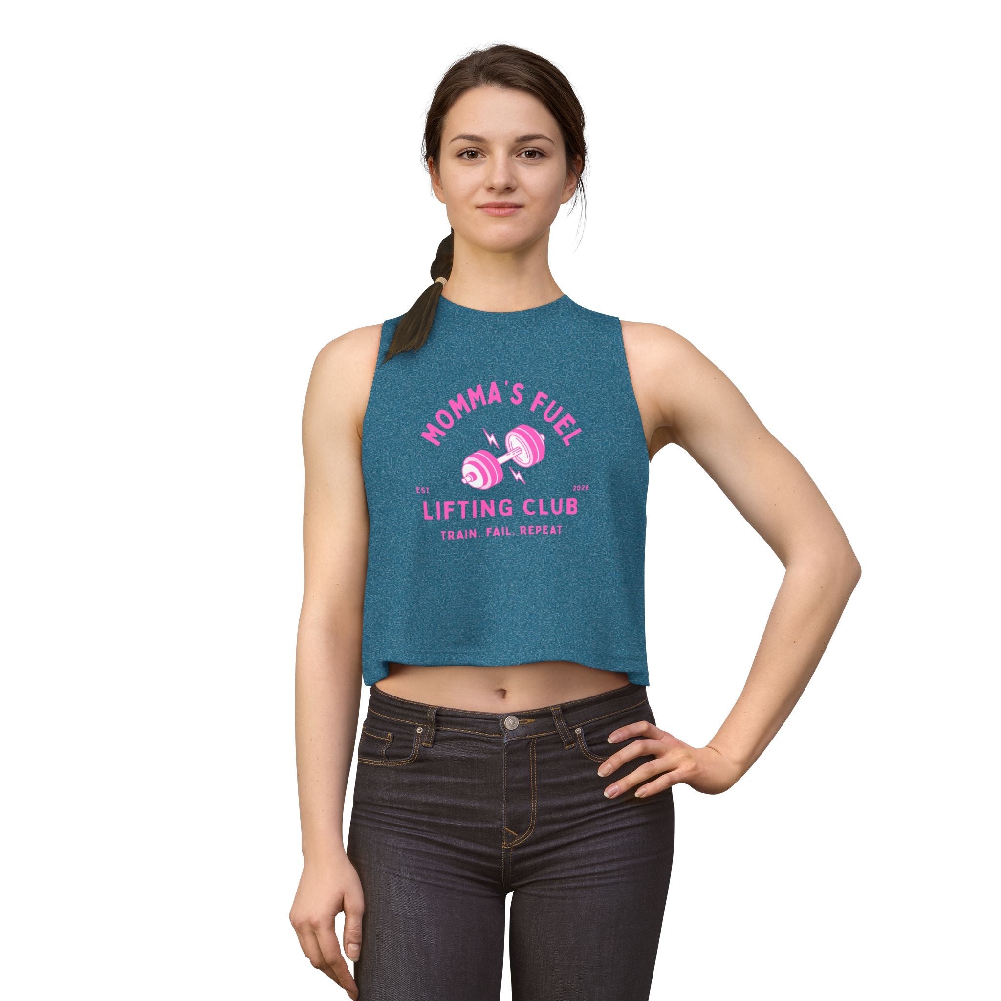 Momma's Fuel Lifting Club Crop Top — Women's Fitness Tank, "Train. Fail. Repeat."