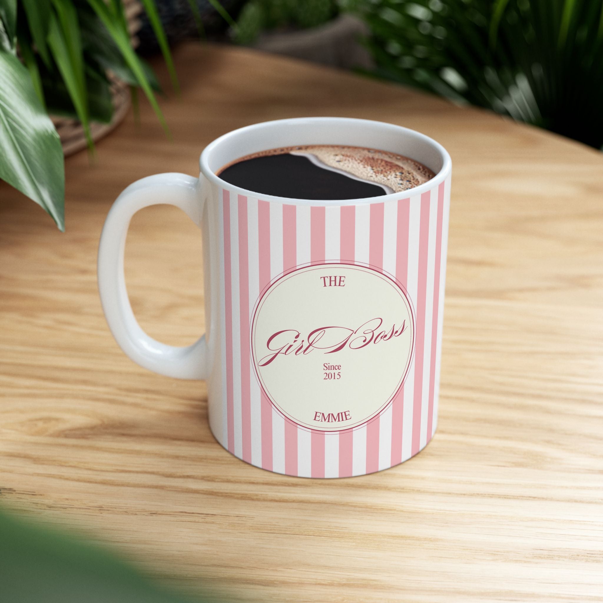 Customized Girl Boss Pink Striped Ceramic Mug  (11oz, 15oz)