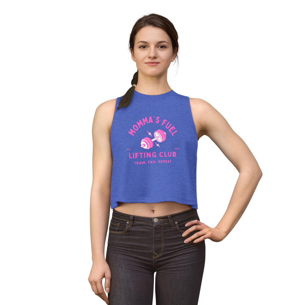 Momma's Fuel Lifting Club Crop Top — Women's Fitness Tank, "Train. Fail. Repeat."
