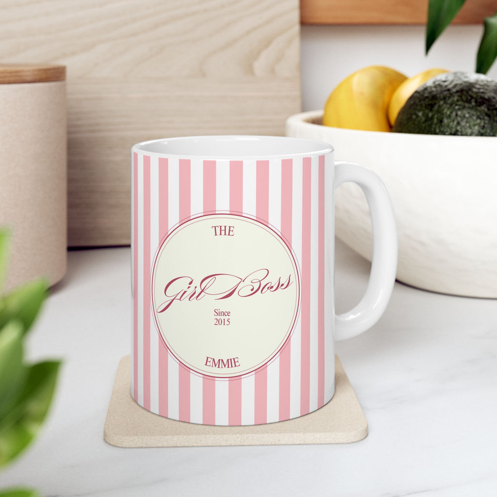 Customized Girl Boss Pink Striped Ceramic Mug  (11oz, 15oz)