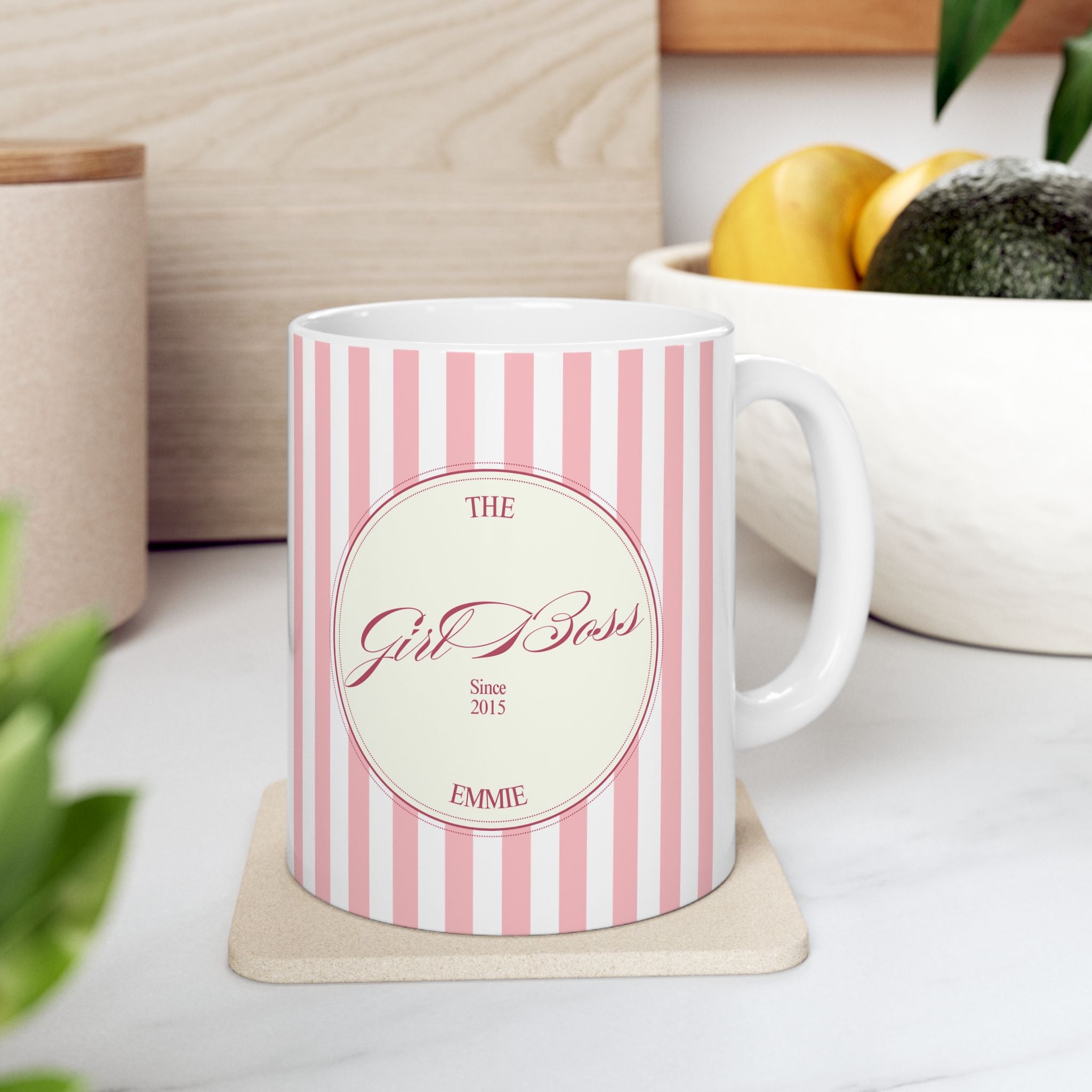 Customized Girl Boss Pink Striped Ceramic Mug  (11oz, 15oz)