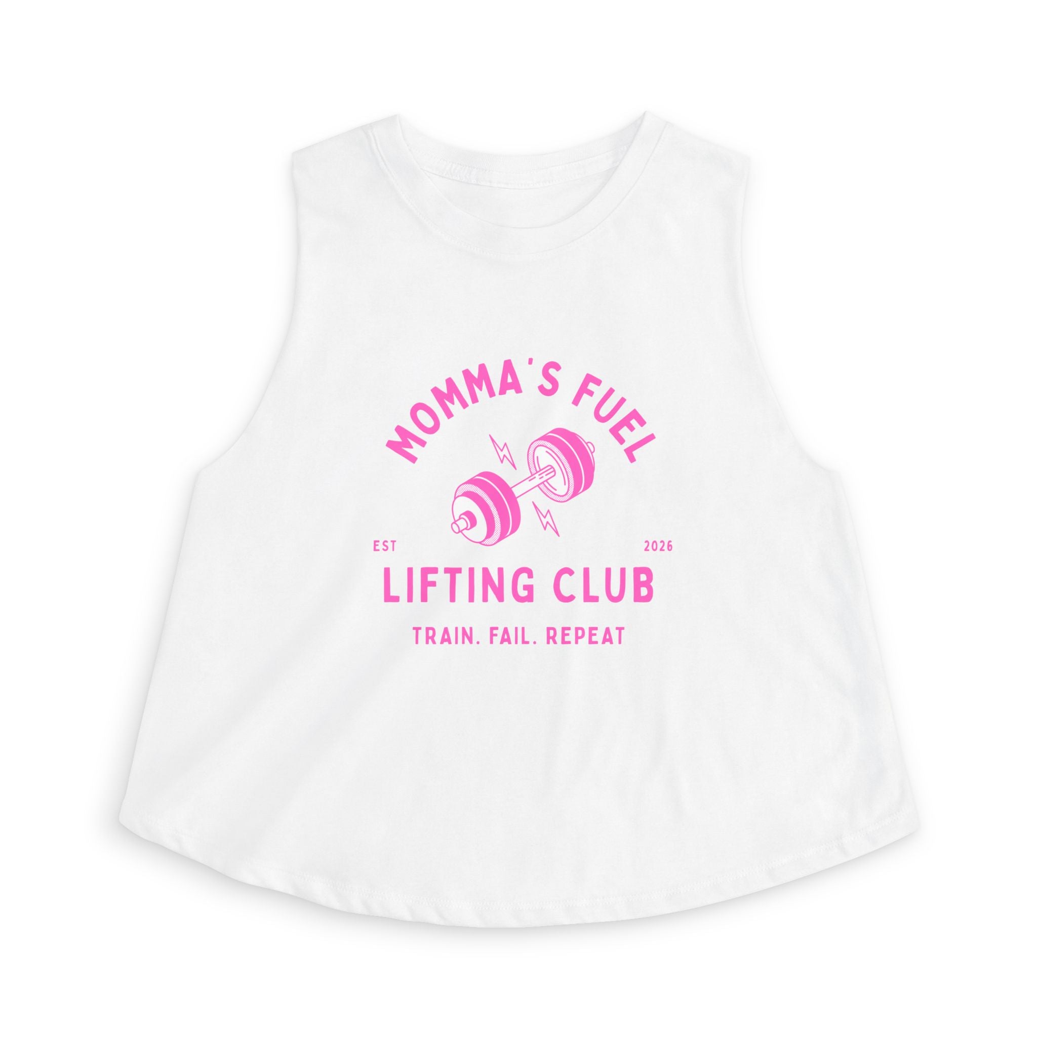 Momma's Fuel Lifting Club Crop Top — Women's Fitness Tank, "Train. Fail. Repeat."