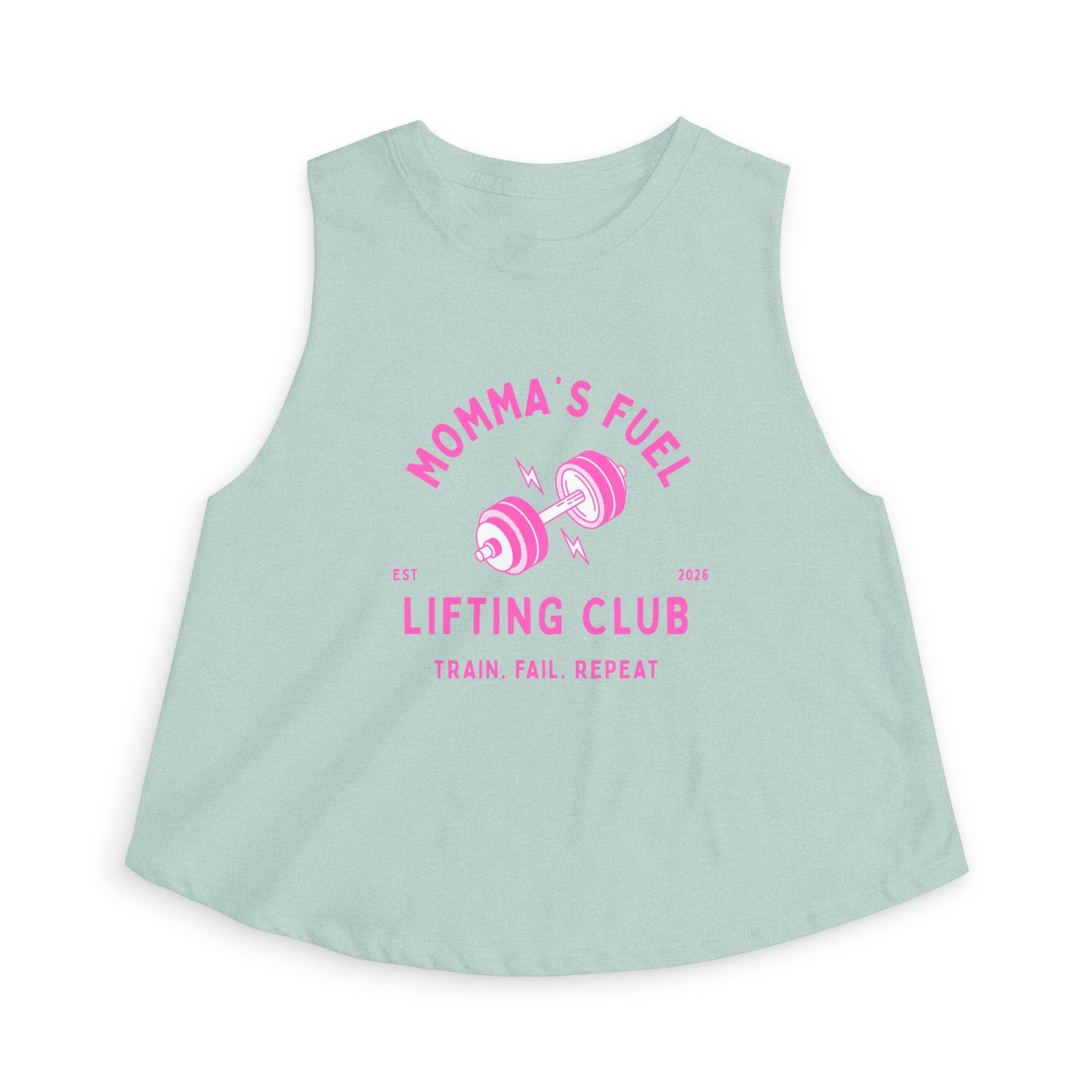 Momma's Fuel Lifting Club Crop Top — Women's Fitness Tank, "Train. Fail. Repeat."