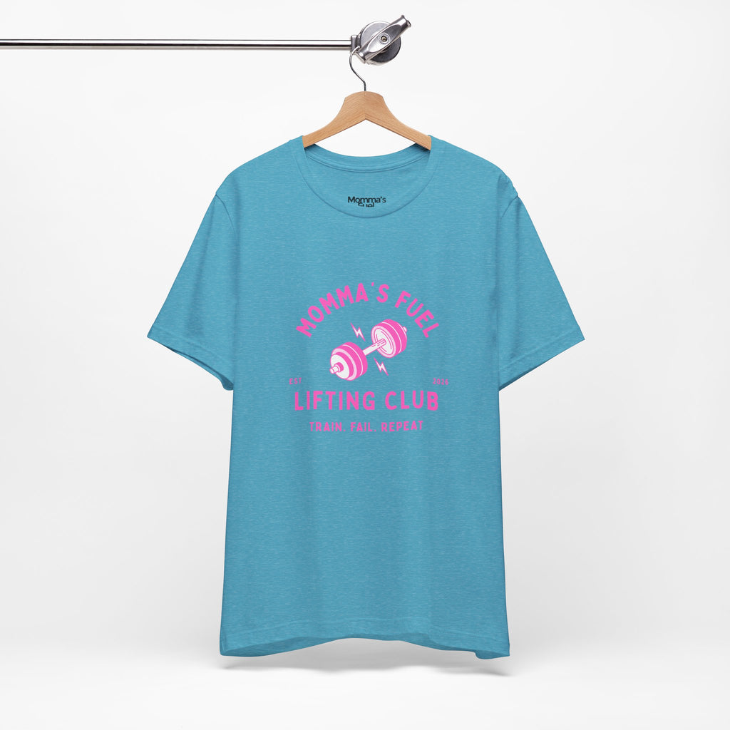 Momma's Fuel Lifting Club T-Shirt — Pink Weightlifting Mom Fitness Tee