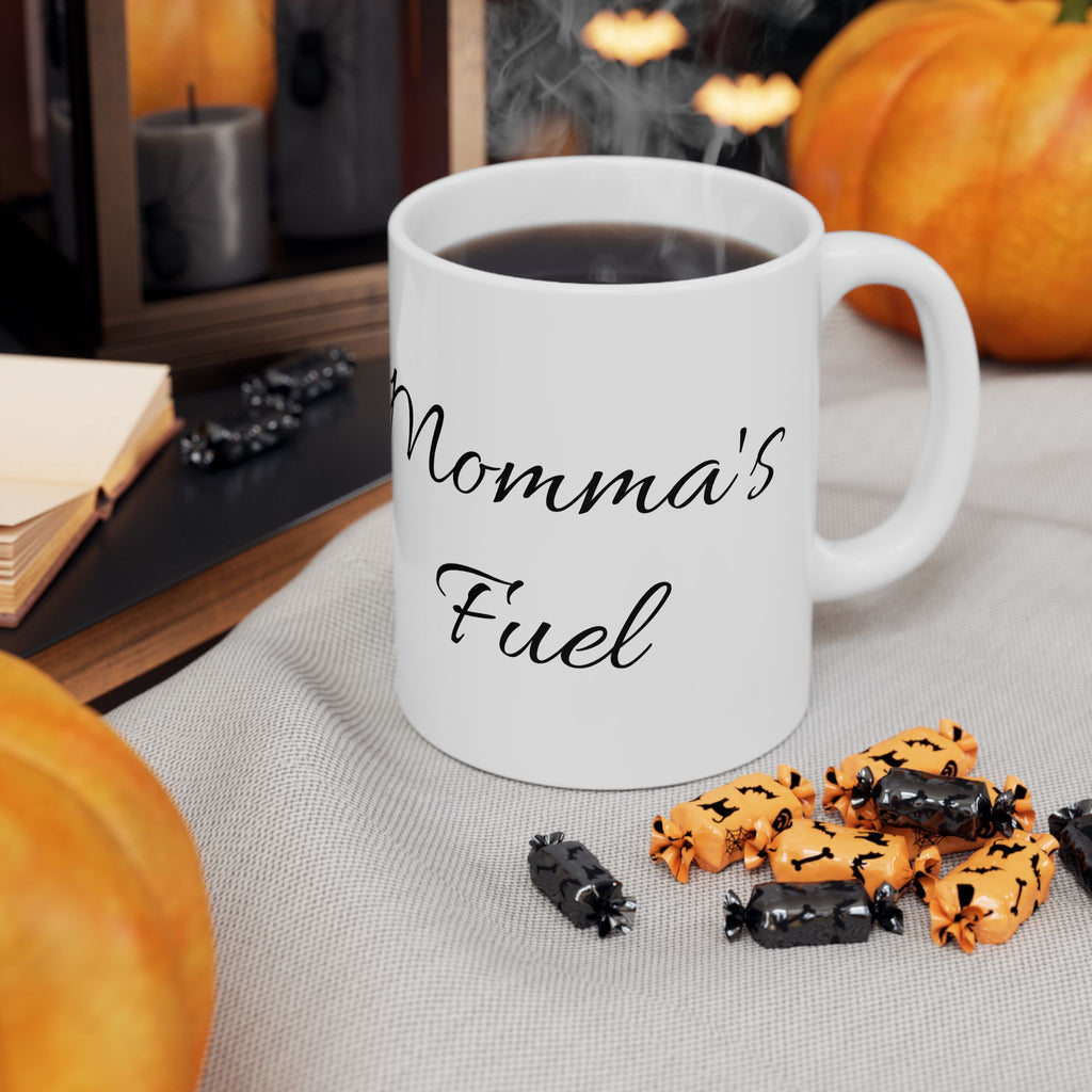 Mama’s Fuel Ceramic Mug — Script Typography Coffee Cup (11oz, 15oz)