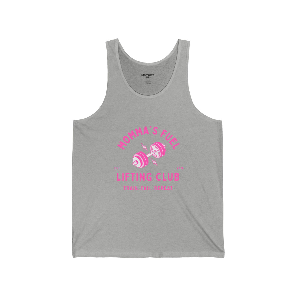 Momma's Fuel Lifting Club Tank Top — Pink Weightlifting Mom Workout Shirt