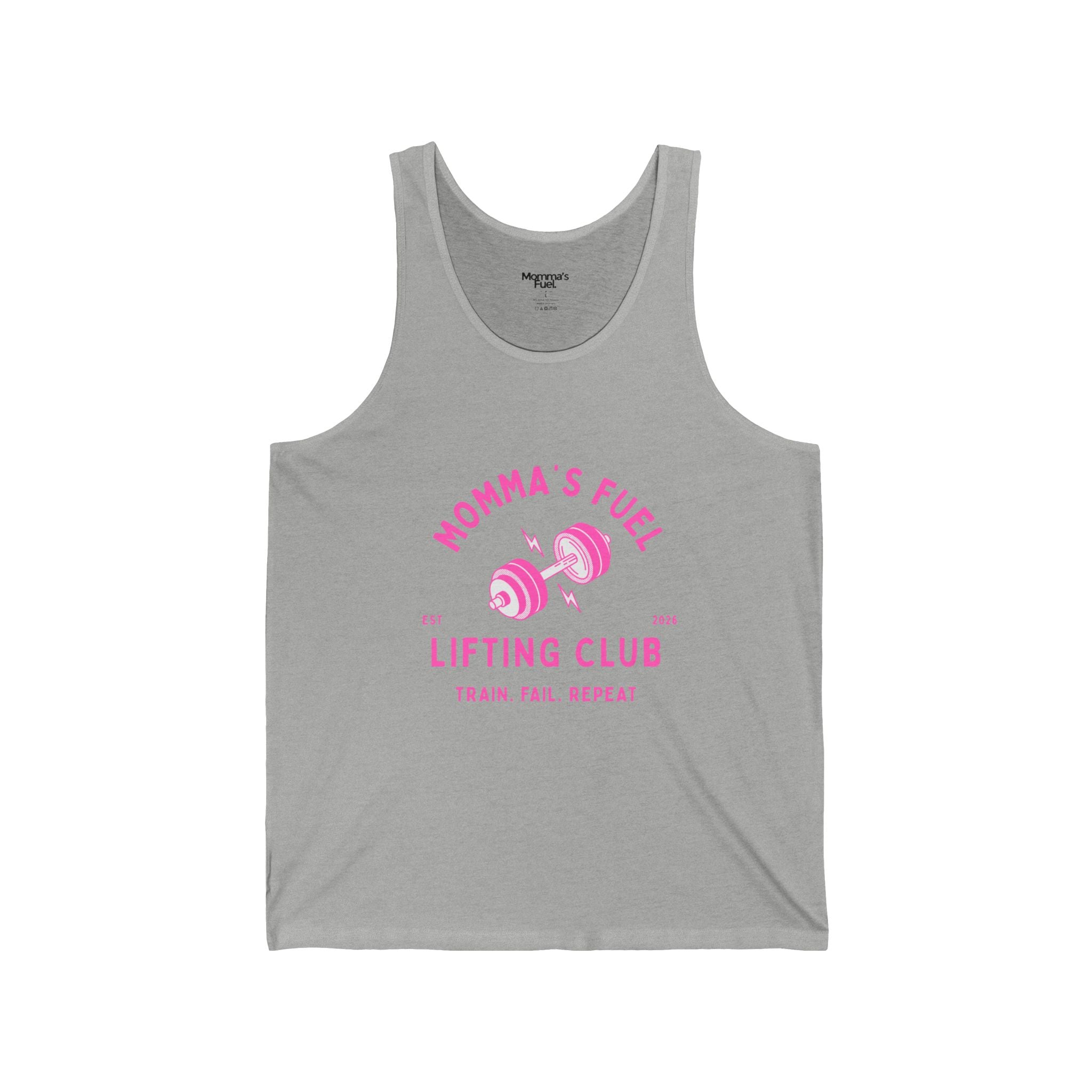 Momma's Fuel Lifting Club Tank Top — Pink Weightlifting Mom Workout Shirt