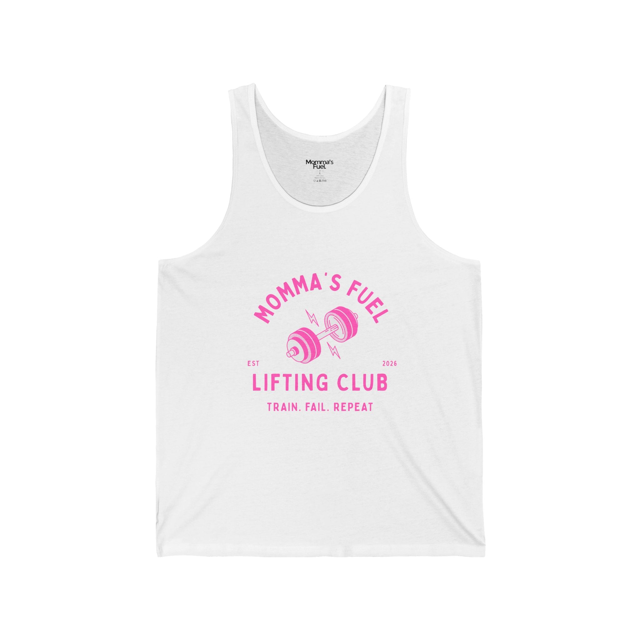 Momma's Fuel Lifting Club Tank Top — Pink Weightlifting Mom Workout Shirt