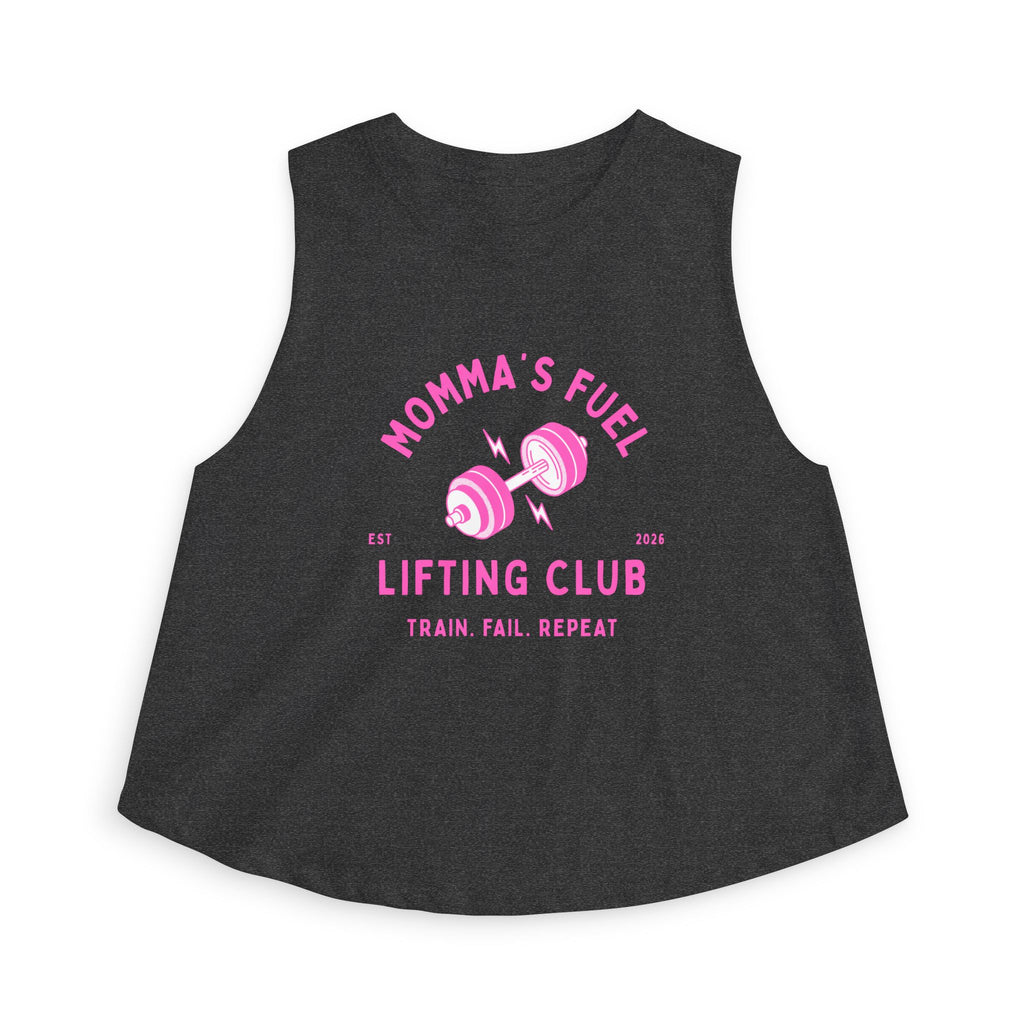 Momma's Fuel Lifting Club Crop Top — Women's Fitness Tank, "Train. Fail. Repeat."