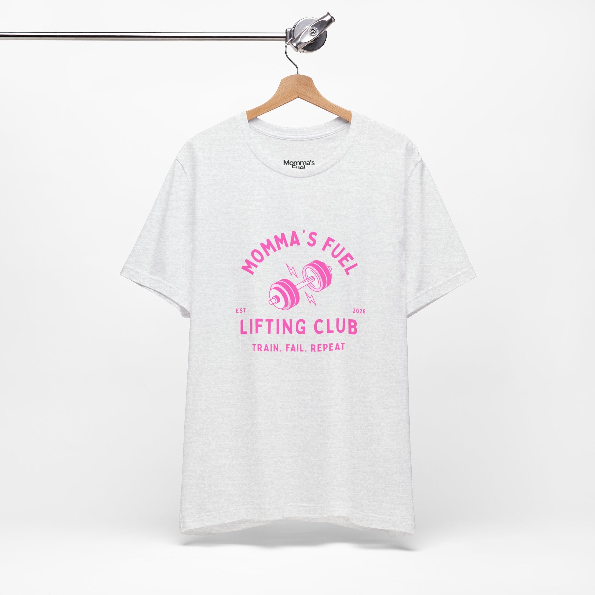 Momma's Fuel Lifting Club T-Shirt — Pink Weightlifting Mom Fitness Tee