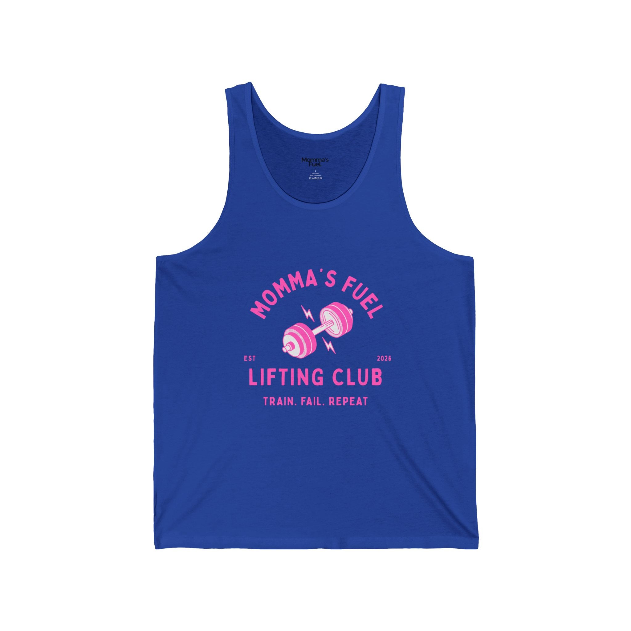 Momma's Fuel Lifting Club Tank Top — Pink Weightlifting Mom Workout Shirt