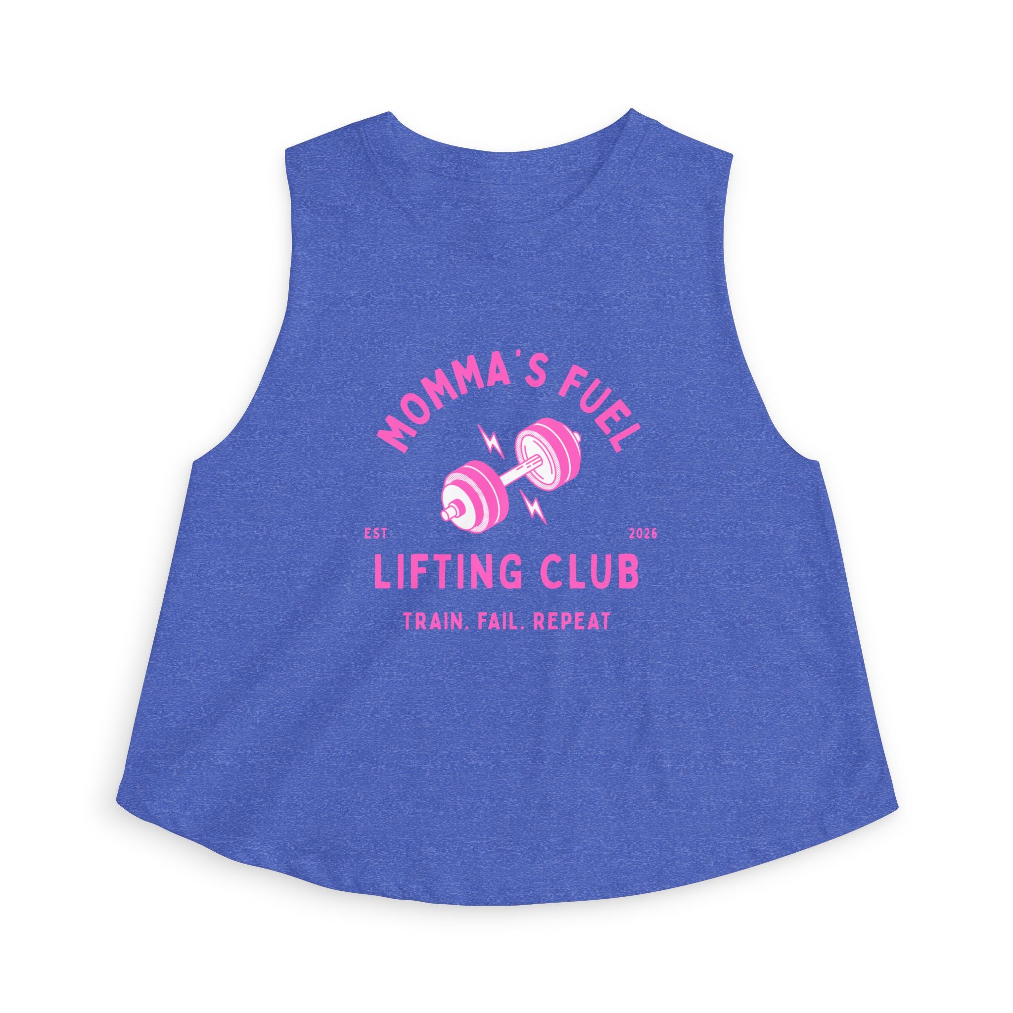 Momma's Fuel Lifting Club Crop Top — Women's Fitness Tank, "Train. Fail. Repeat."