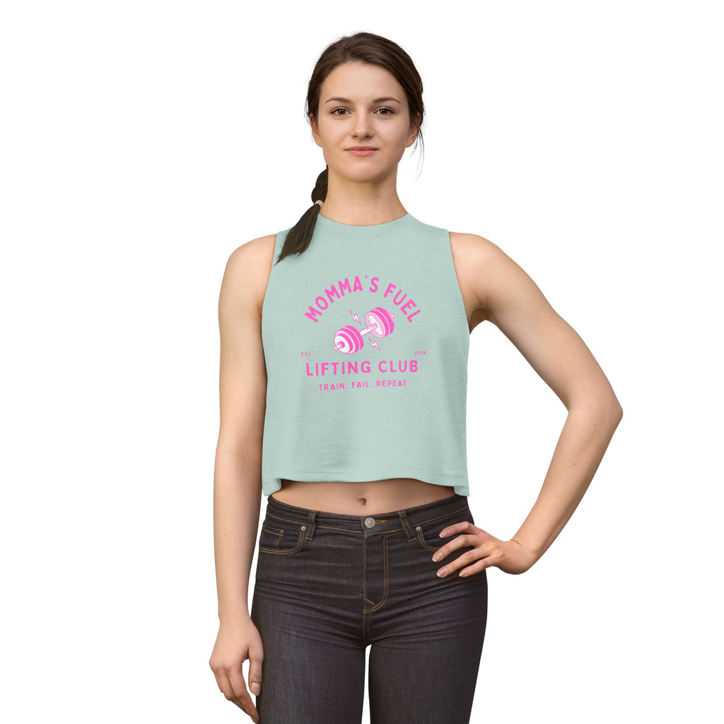 Momma's Fuel Lifting Club Crop Top — Women's Fitness Tank, "Train. Fail. Repeat."