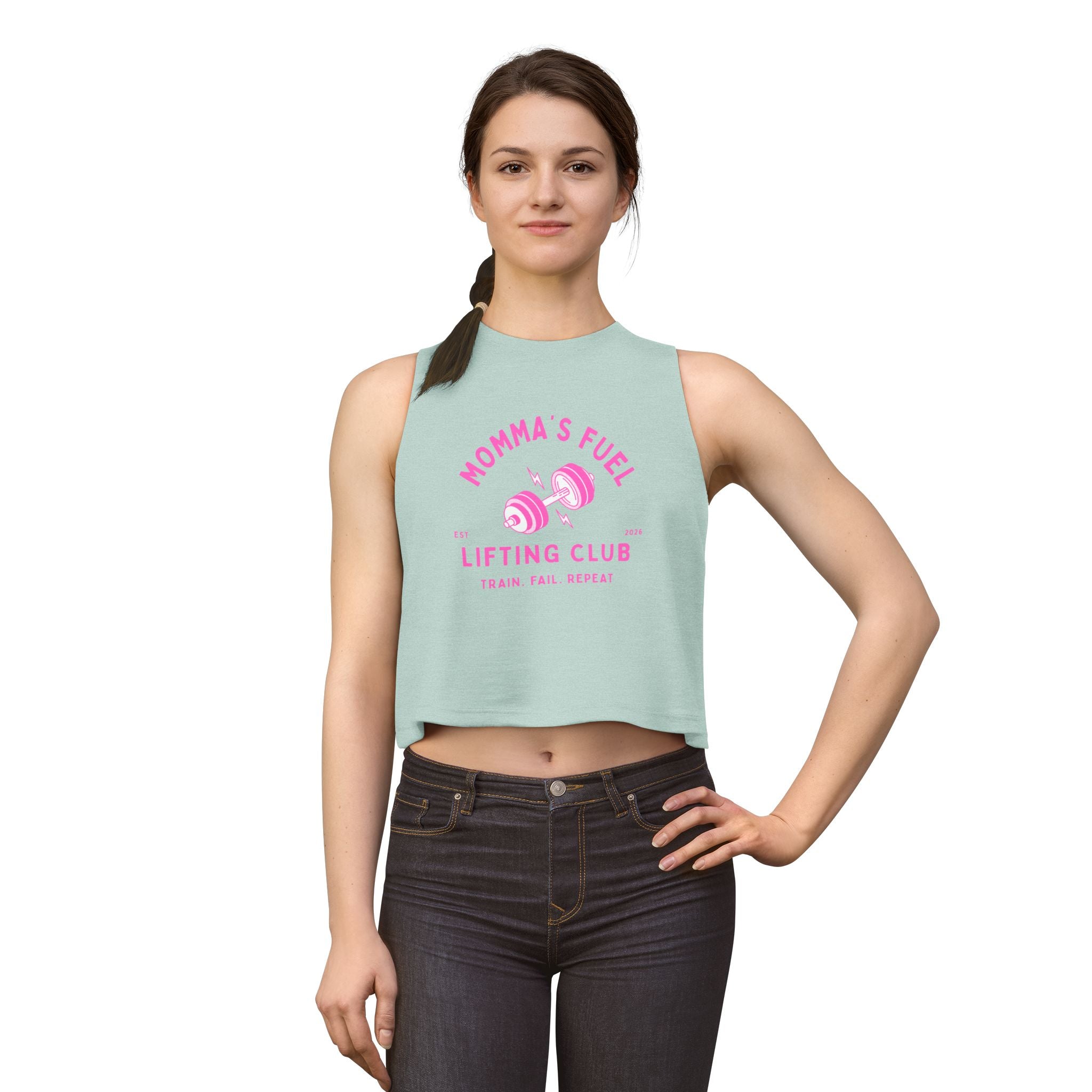 Momma's Fuel Lifting Club Crop Top — Women's Fitness Tank, "Train. Fail. Repeat."